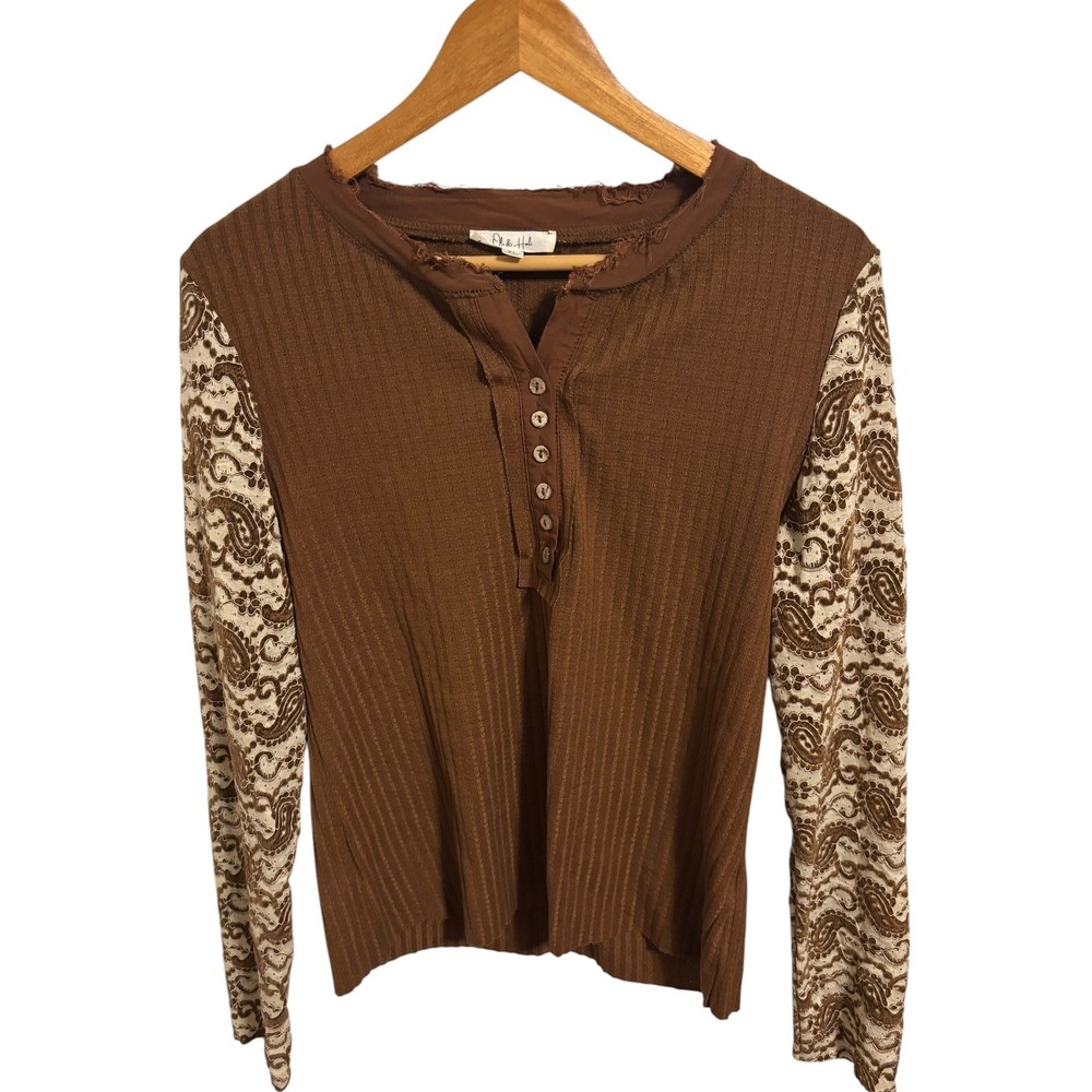 Oli & Hali Henley Top Brown Paisley Lace Sleeve Boho Western Ribbed Romantic XL - Picture 2 of 10